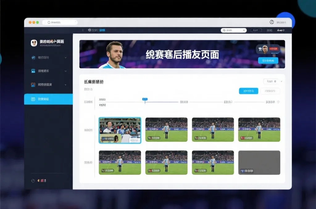 比赛结束后，电视屏幕展示集锦回放页面，旁边有时间轴和多角度切换提示
